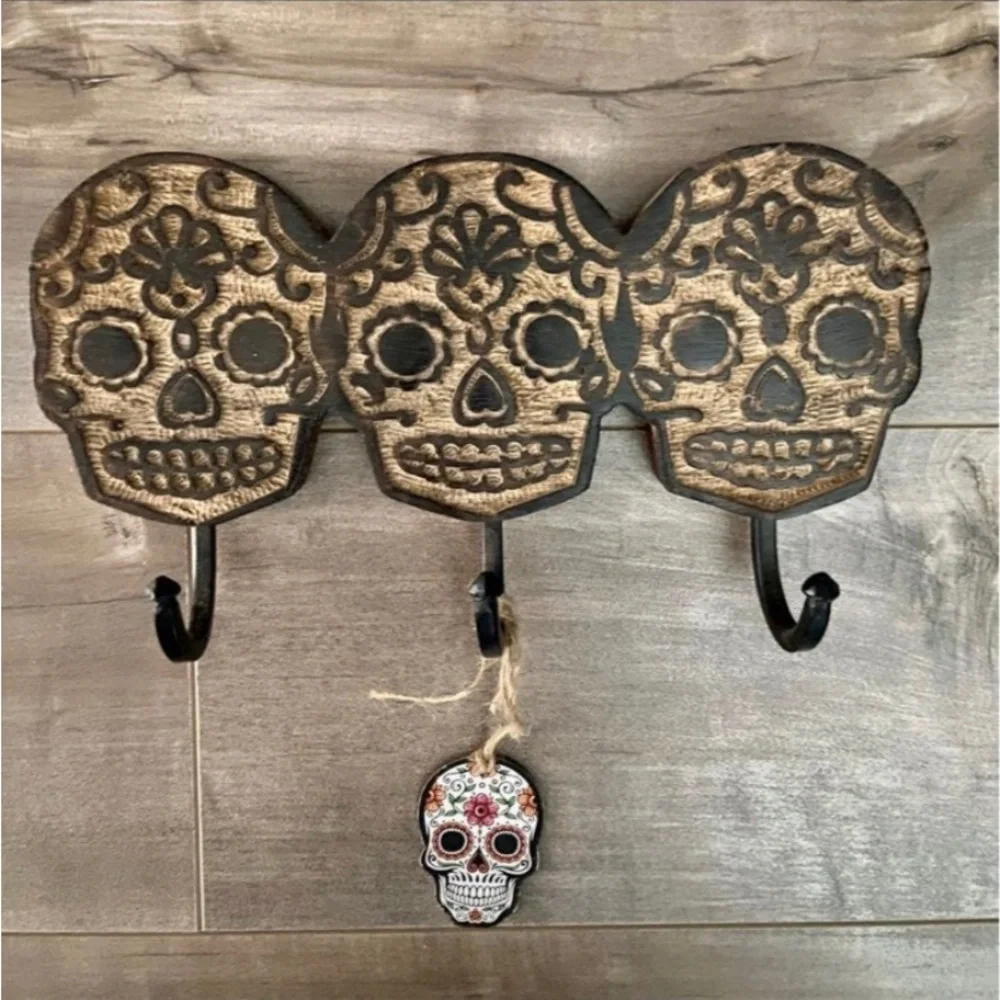 Sugar Skull Wood 3 Hook Hanger